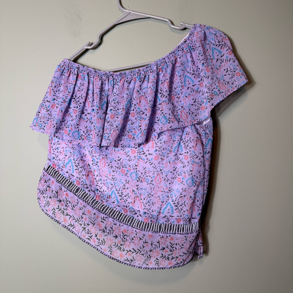 Saylor Janice Ruffled Silk Blend Ruffle Ladder Lace Inset Lilac One Shoulder S